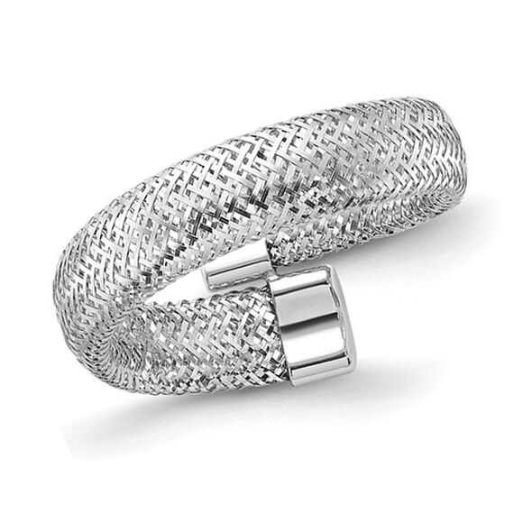 14K Rhodium Plated Gold Mesh Stretch Bypass Ring Band